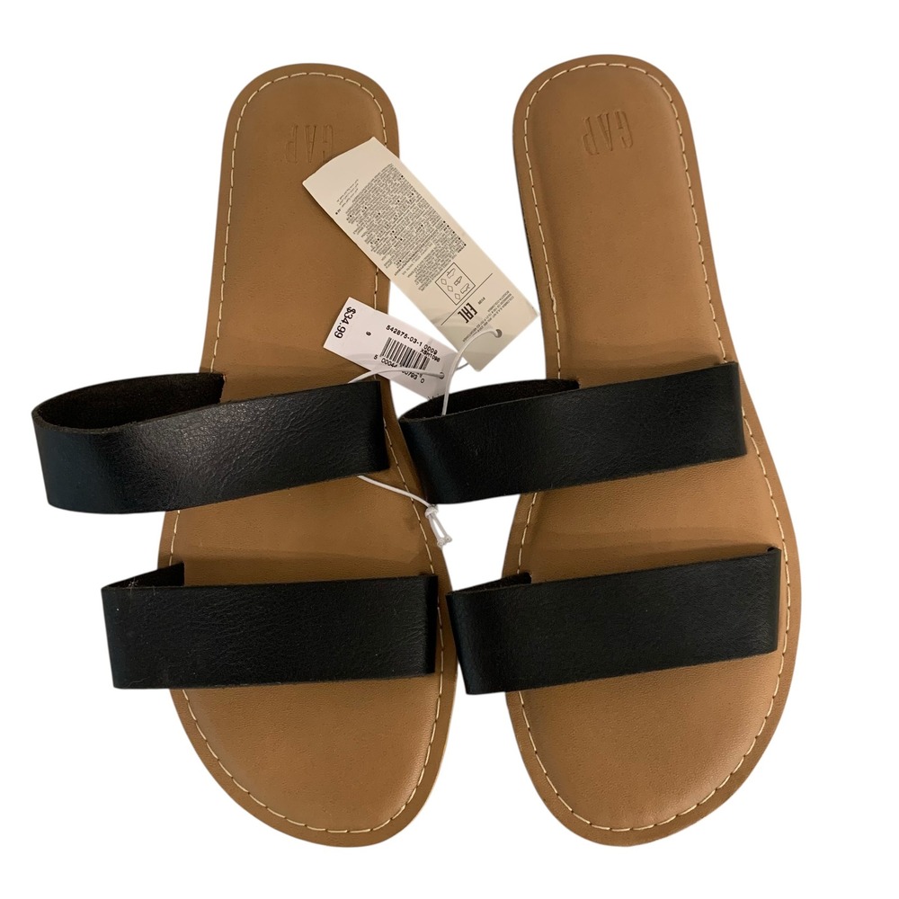 GAP Women's Double Strap Slide Sandals Black Size 9 Minimal Flat Sandals NWT - Picture 1 of 7